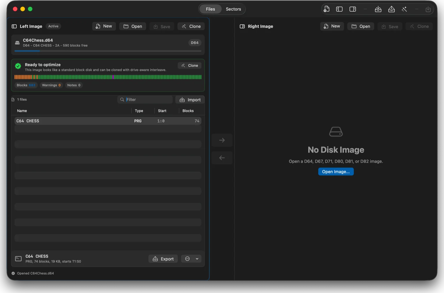 mac VICE Disk Image Manager showing files, rebuild analysis, and sector map