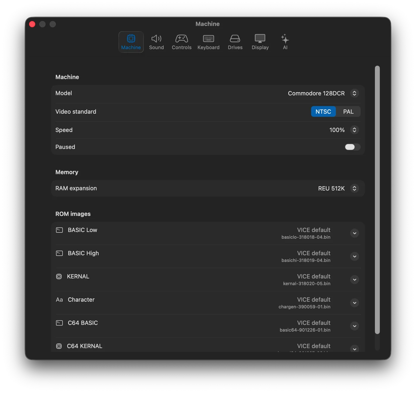mac VICE C128 machine settings panel