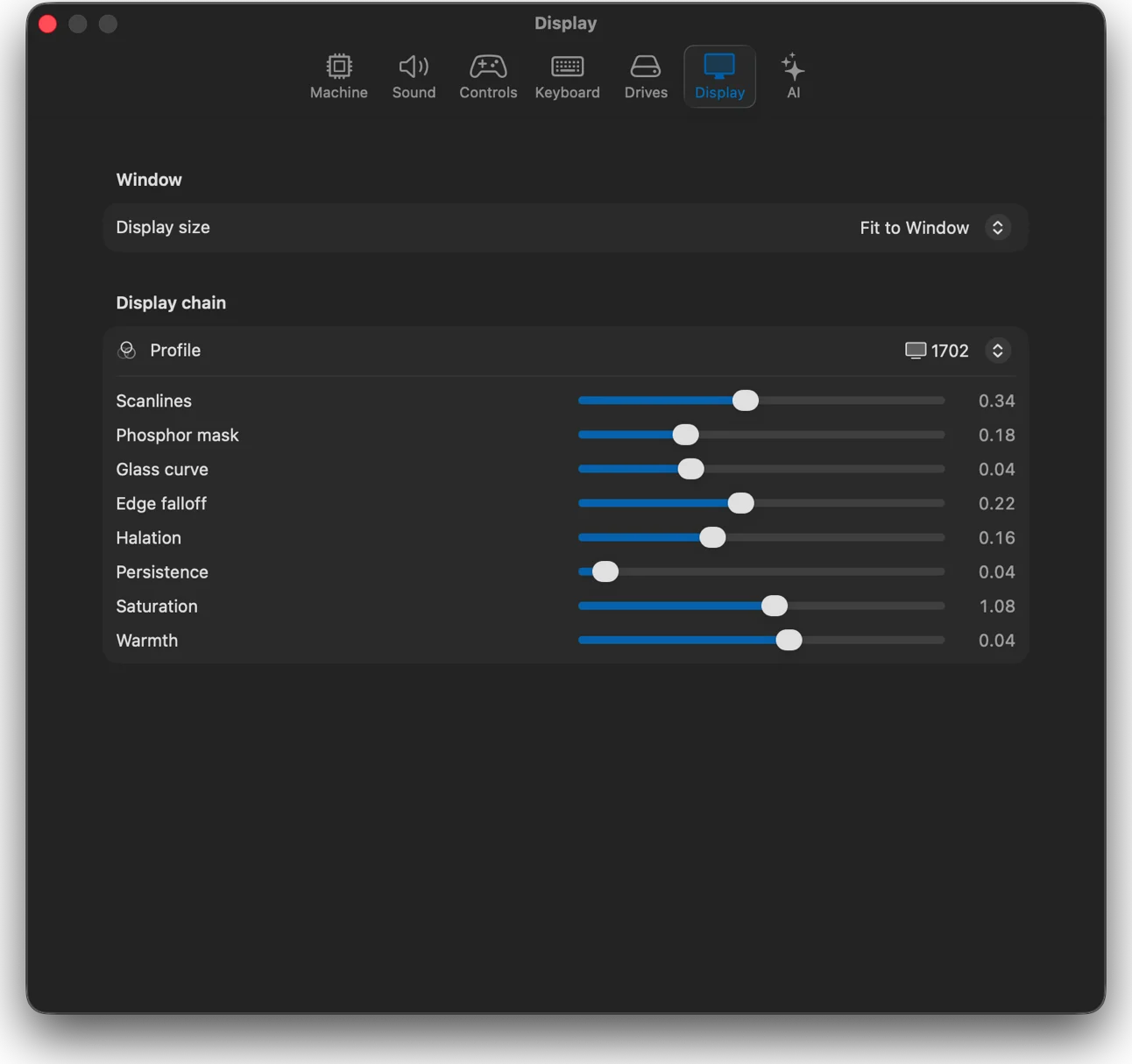 mac VICE display settings with CRT filter controls